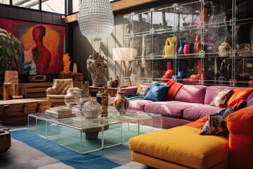 Living room in trendy style. Modern and vintage furniture accompany each other, colorful dishes and rustic chic - maximalism is in full swing.