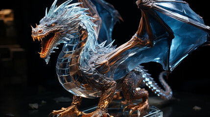 crystal blue dragon, on black background. Generative AI - obrazy, fototapety, plakaty