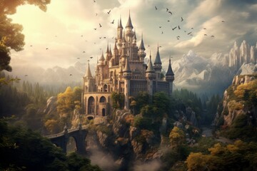 Mysterious Fairytale castle. Travel nature sky. Generate Ai - obrazy, fototapety, plakaty