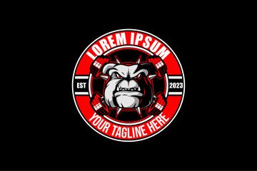 Bulldog dog with cross barbell vector logo template