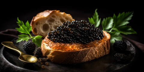 Black caviar toast on dark background. Generative AI. - obrazy, fototapety, plakaty
