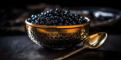 Bowl full of black caviar on dark background. Generative AI. - obrazy, fototapety, plakaty