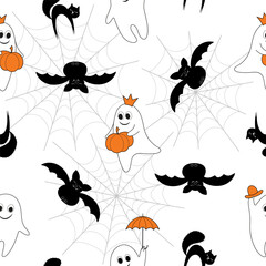 Happy Halloween. Endless background with ghosts, pumpkin, black cat and bat on a white background. Seamless Repeat Pattern. Vector pattern for textiles, packaging, paper, wallpaper.