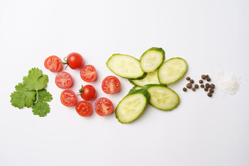 Salad set of vegetables on a white background isolated, vegetarian nutrition, healthy food