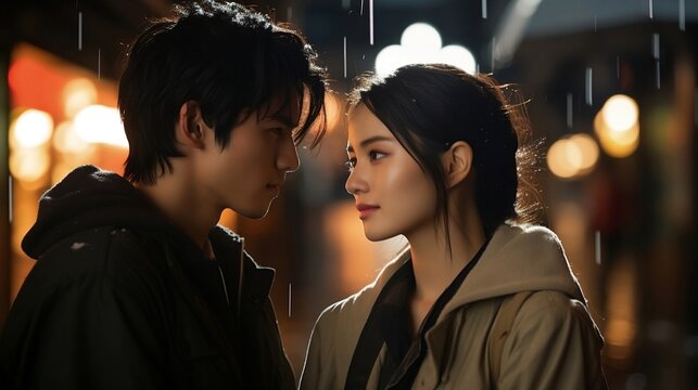 Young korean couple in love standing by the rain under umbrella. dorama concept