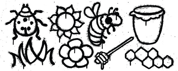 Set graffiti spray paint. Collection of lady bug, flower, bee, jar, hexagon, wooden honey, grass Isolated Vector