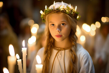 Christmas in Sweden with the traditional candlelight procession of Saint Lucy. The scene shows a girl dressed as Saint Lucia, wearing a white dress and candles on her head.  Saint Lucy's Day - obrazy, fototapety, plakaty