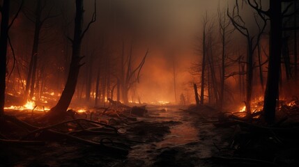 Forest fire aftermath, burnt trees and smoky air.