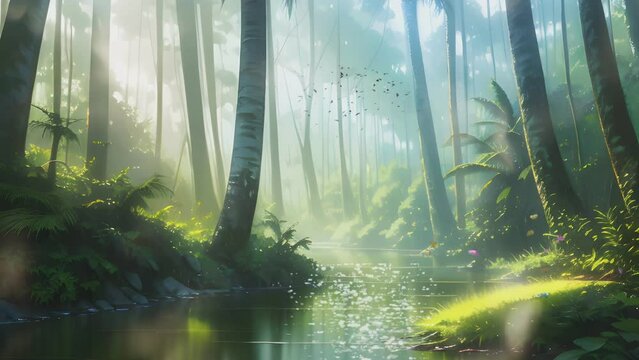 fantasy tropical forest with beautiful river, coconut plants. Cartoon or anime watercolor painting illustration style. seamless looping 4K time-lapse virtual video animation background.