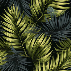 Coconut leaves have a seamless pattern on a dark background. - obrazy, fototapety, plakaty