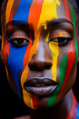 A portrait of an African-American woman painted with multicolored paints. Close-up.