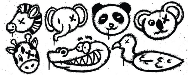Set graffiti spray paint. Collection of zebras, elephant, panda, koala, duck, crocodile, giraffe Isolated Vector © Titikdrawn