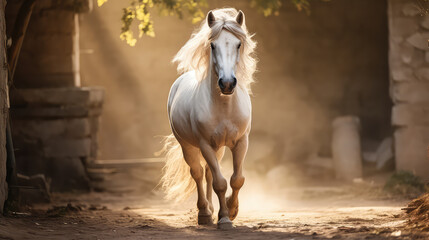 Obraz premium Beautiful horse in an open air paddock. Horses corral in the countryside, equestrian sport, active hobby. 