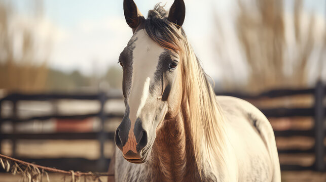 Beautiful horse in an open air paddock. Horses corral in the countryside, equestrian sport, active hobby. 