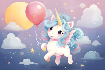 Cute unicorn, very happy with balloons, moon, stars, pastel colors.
