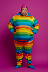 Man in rainbow striped outfit standing in front of pink background.