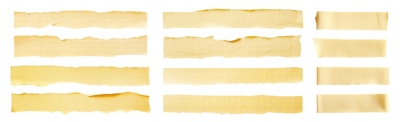 Strips of ripped yellow textured adhesive kraft paper, masking tape, Long paper tape isolated...