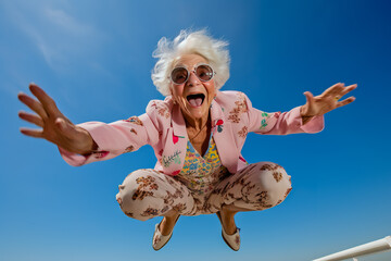 Old woman jumping in the air with her arms out and smile on her face. - Powered by Adobe