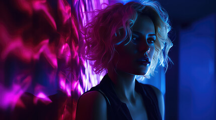 Portrait of an attractive young woman in the neon dark lighting of a nightclub. Copy space, night disco club banner template. 