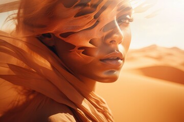 An image of a beautiful calm woman with beautiful makeup in the desert. Concept of beauty, style and tranquility - obrazy, fototapety, plakaty