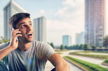 Smiling businessman, holding mobile phone, AI generated image