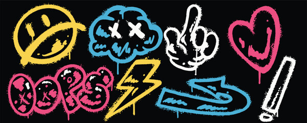Set graffiti color spray paint. Collection of sad emoticon, cloud, finger, love, oops, lightning, arrow, exclamation mark Isolated Vector