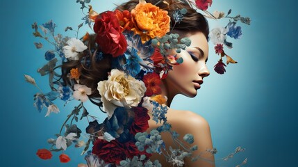 A collage portrait of a young woman with flowers that is abstract and contemporary art