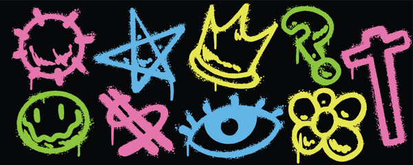 Set graffiti color spray paint. Collection of sun, star, crown, mark question, cross, flower, eye, dollar, confounded face emoticon Isolated Vector