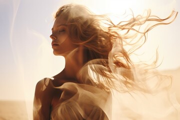 An image of a beautiful calm woman with beautiful makeup in the desert. Concept of beauty, style and tranquility