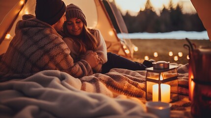 A couple is sitting under a blanket and warming their feet with woollen socks while enjoying the winter and Christmas holidays.