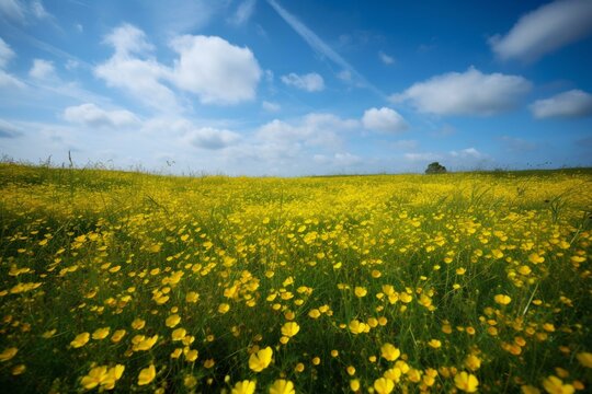 Fields of buttercup flowers under a blue sky. Generative AI