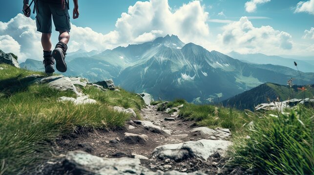 Man wear boot on hike in the beautiful alps of the Swiss Alps