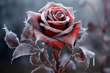Frozen red rose. Natural flower. Generate Ai