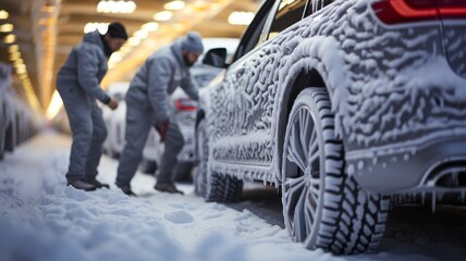 Winter driving: Icy road conditions and frosty wheels on a car - obrazy, fototapety, plakaty