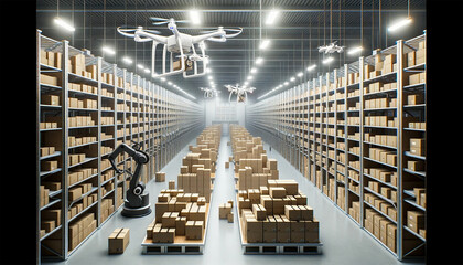 Photo of a spacious, well-lit modern warehouse with tall shelves filled with organized boxes. Advanced robotic arms move swiftly, sorting packages. - obrazy, fototapety, plakaty
