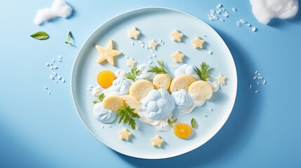 A fun food idea for kids and children is to create a breakfast plane with bananas and curd clouds on a blue plate. I imagine flying creative lunches as a future pilot. - obrazy, fototapety, plakaty