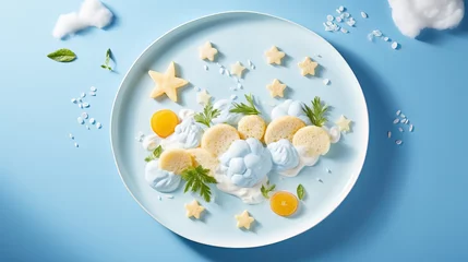 Foto op Plexiglas A fun food idea for kids and children is to create a breakfast plane with bananas and curd clouds on a blue plate. I imagine flying creative lunches as a future pilot. © Elshad