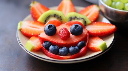 A fun food option for children is a cute smiling crab made with fresh fruits, apples, strawberries,...