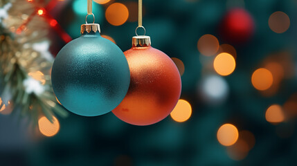 Fototapeta premium Christmas tree decoration with blurry background. Winter holidays festive background. 