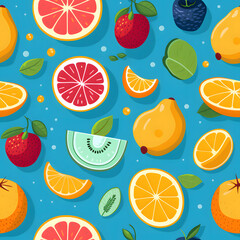 seamless pattern of fruits on a blue background, oranges, strawberries, lemons