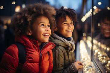 A young excited child looking into the window of a shop decorated for Christmas and the holidays - obrazy, fototapety, plakaty