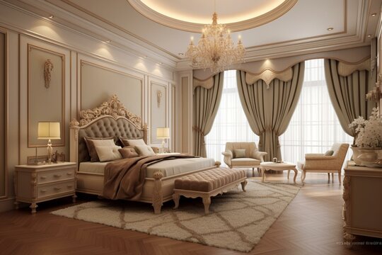 Elegant wooden bedroom with a luxurious design. Generative AI