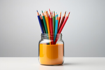 Colorful pencils in glass jar on white table. Back to school concept