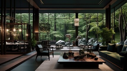 Eleganckie proste wnętrze pokoju salonu z dużymi oknami i zieloną sofą - obrazy, fototapety, plakaty