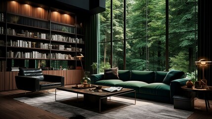 Eleganckie proste wnętrze pokoju salonu z dużymi oknami i zieloną sofą - obrazy, fototapety, plakaty