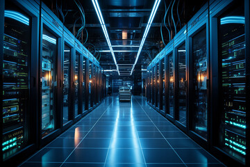 Network server room data center with racks and storage equipment 3d rendering - obrazy, fototapety, plakaty