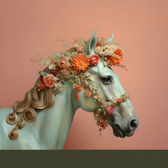 Portrait profile of a white horse with flowers on head and mane. Pastel orange background