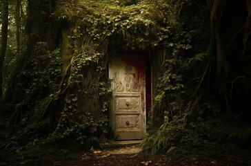 Fototapeta na wymiar Subject emerges from secret door to secret room in the dark forest