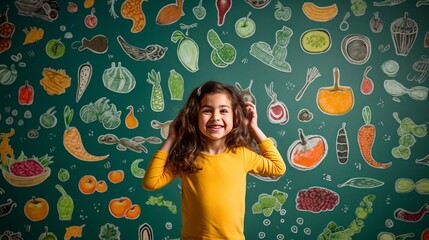 A child in a cute outfit imagines various foods on a textured wall background with a set of infographics in front of them. - obrazy, fototapety, plakaty
