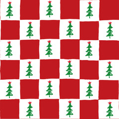 Seamless vector repeating pattern with hand drawn checkerboard in red and white and a little Christmas tree half drop with a star tree topper. Christmas red checkers with green holiday trees.